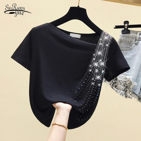 Solid Short Sleeve Tee Tops Casual Women Clothing Spring Summer New Irregular Diamonds Tops Black Blouse Femme Blusas 10016