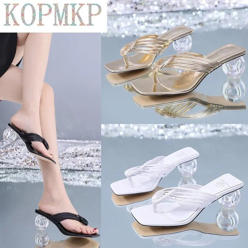 Summer Women Square Toe Slippers Flip Flop Ladies Fashion High Heels Sandals PU Leather Women's Casual Shoe Female Footwear2021