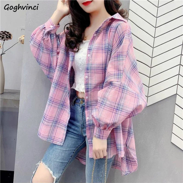 Shirts Women Fashion Chic 3XL Batwing Sleeve Plaid Summer Sun-proof Simple Daily Casual Korean Style Harajuku All-match Ladies