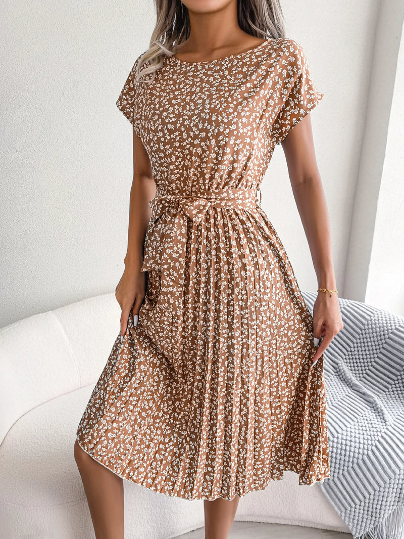 Women Spring Summer Short Sleeve High Waist Chic Dress Fashion Floral Pleated A Line Long Dress