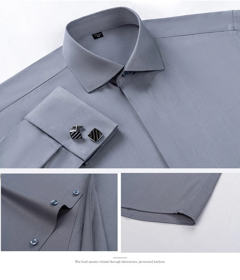 Windsor Collar French Cuff Dress Shirt Fashion Men's Long Sleeve Luxury Business Formal Shirts Covered Button Cufflink Shirt