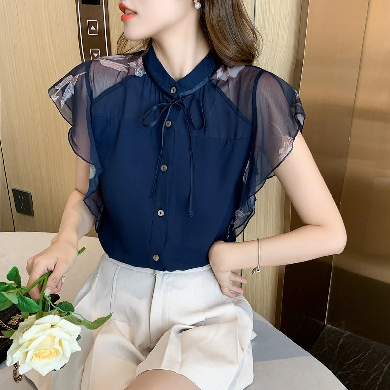 Summer Women Chiffon Blouse Shirt Women Tops Short Sleeve Blouse Women Blusas Mujer De Moda 2023 Blouses Femme Top Shirts F123