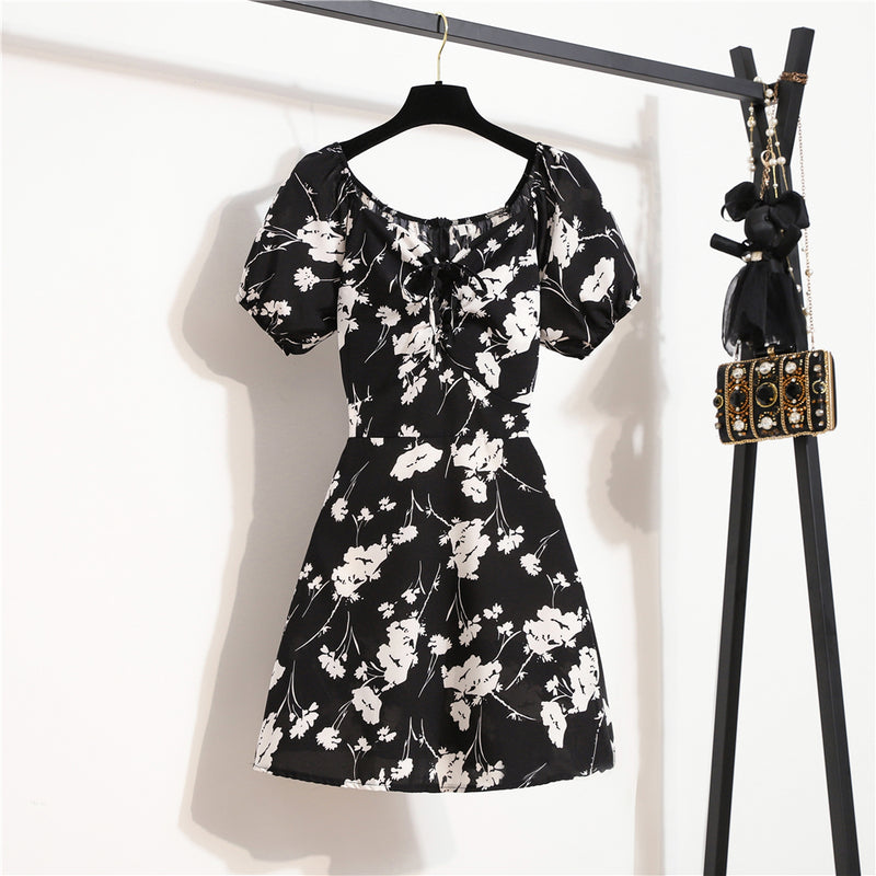 Women Mini Dresses Summer Fashion Female Vestidos Print Floral Chiffon Dresses Shirring Pleated Short Puffy Sleeve Casual Dress