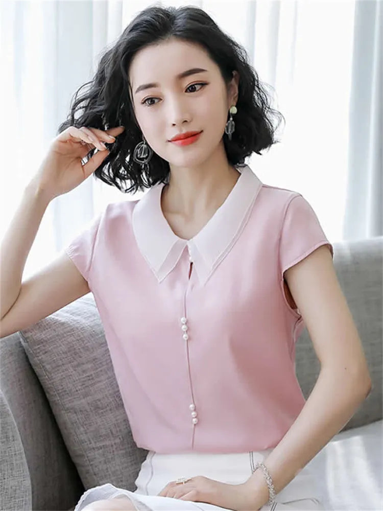 Women Spring Summer Style Blouses Shirts Lady Casual Short Sleeve Peter Pan Collar Blue Pink Blusas Tops DF2707