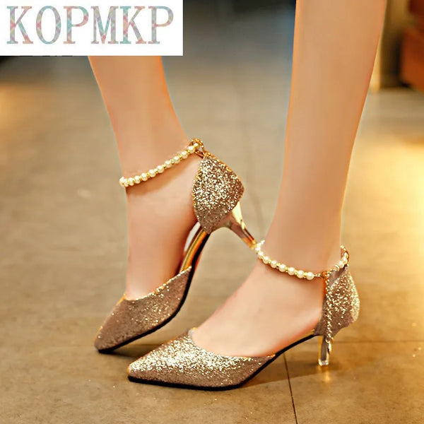Sexy Pointed Toe Pearl High Heels Shoes Female Fashion Hollow with Sandals Paillette of The Thin Breathable Shoes Women Pumps