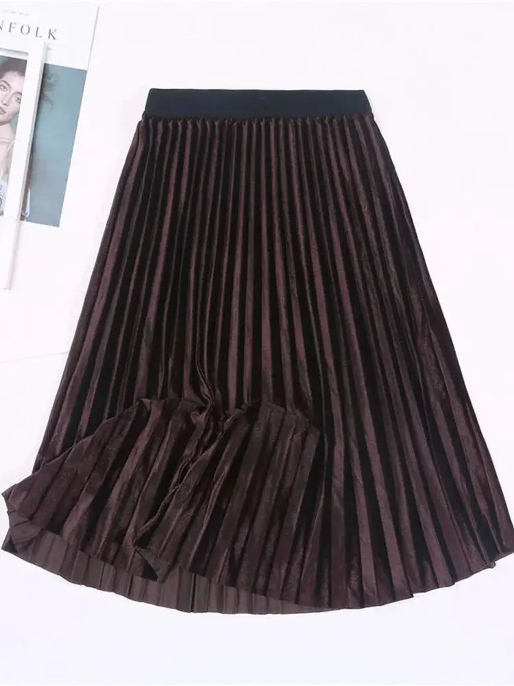 Autumn Winter Long Skirt Women Streetwear High Waisted Skinny Velvet Skirt Female Ladies Pleated Skirts Elegant Maxi Women Skirt