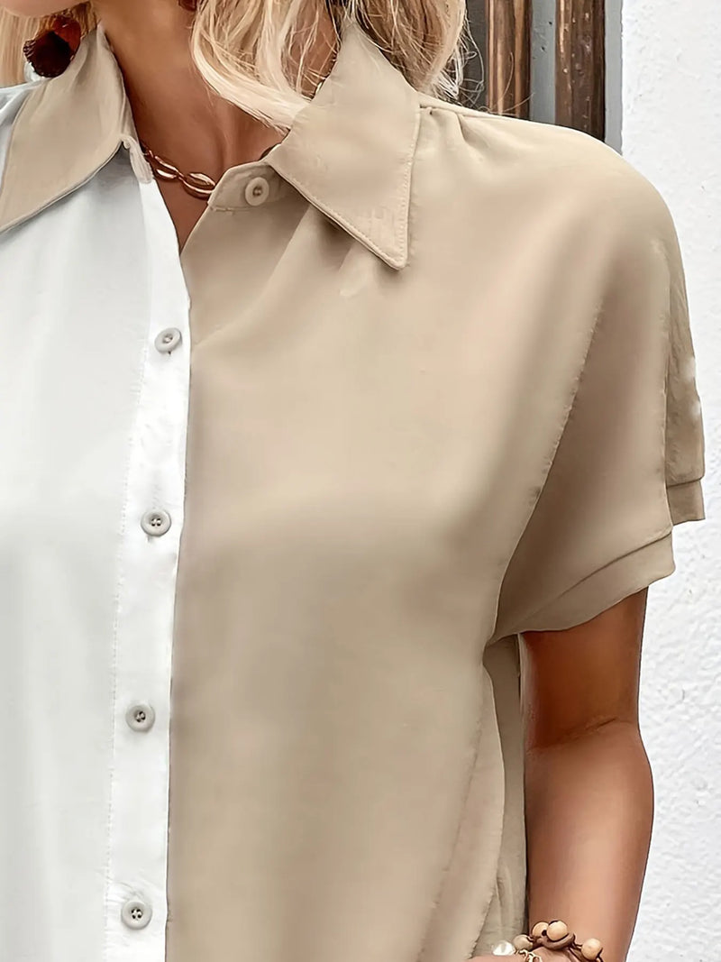 Plus Size Casual Blouse, Women's Plus Colorblock Short Sleeve Turn Down Collar Button Up Blouse