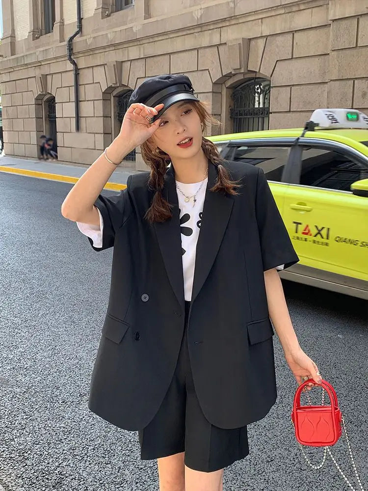 Clothing White 2024 Sleeve Summer Korean Style Blazer and Shorts Suit for Woman Kit Women's Short Pants Sets Complete Two Pieces