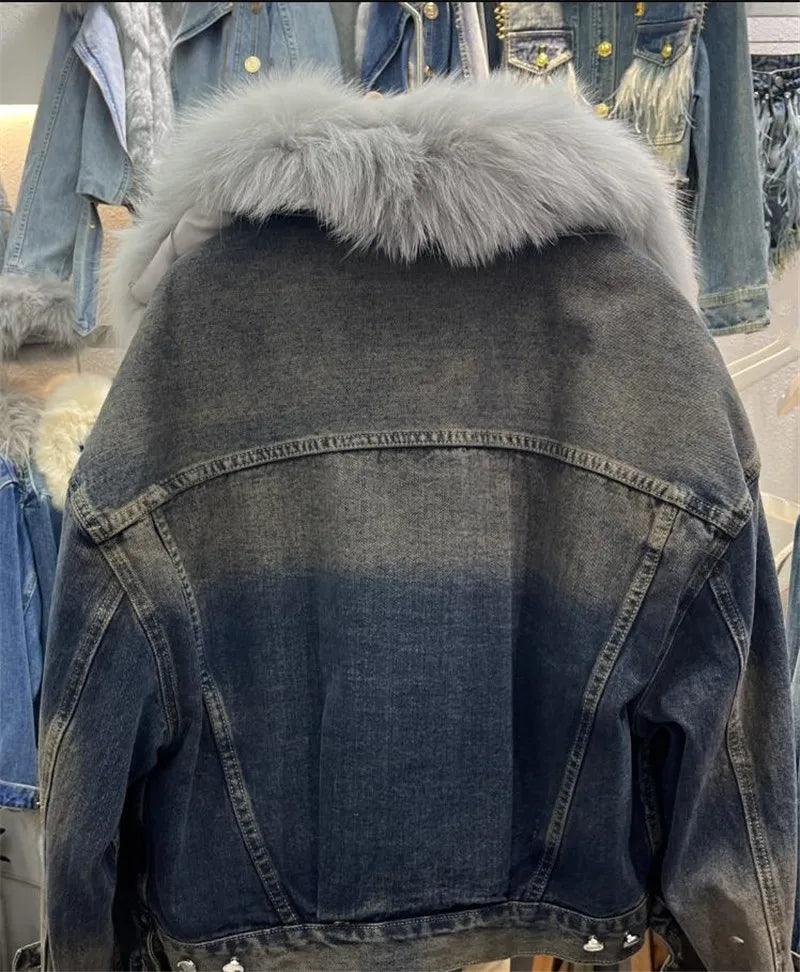 Denim Spliced real fur Coat for Women 2023 Autumn Winter New Thickened Fur Liner Stylish Short Denim Jacket Y4435