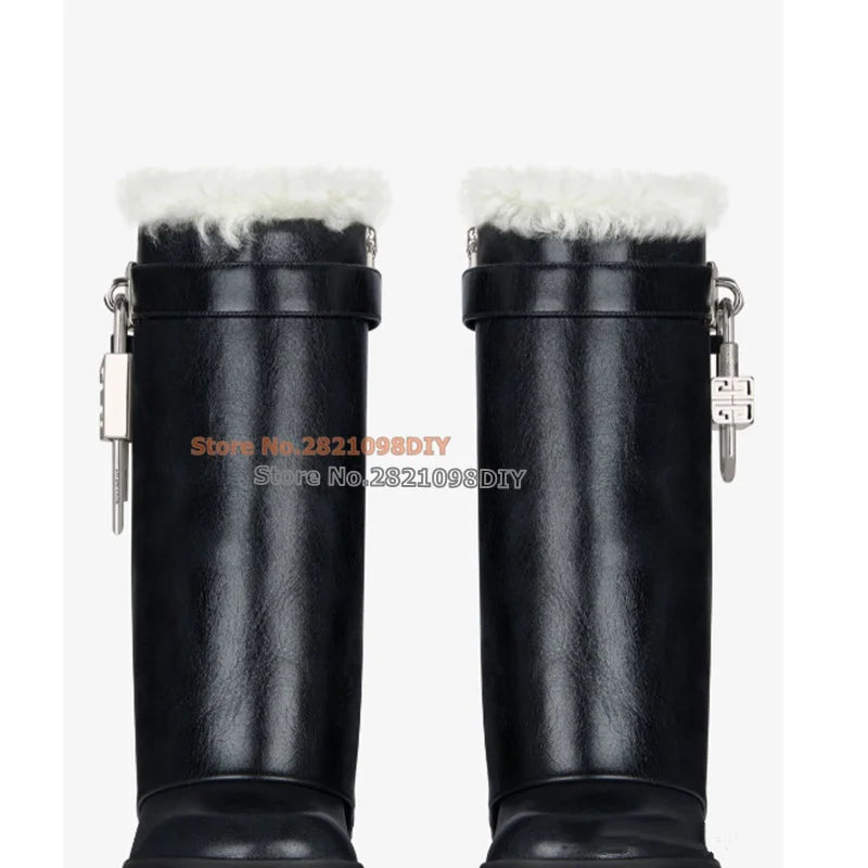 Shark Lock White Black Leather Short Winter Platform Boot Round Toe Fur Insidd Warm Snow Boots Women