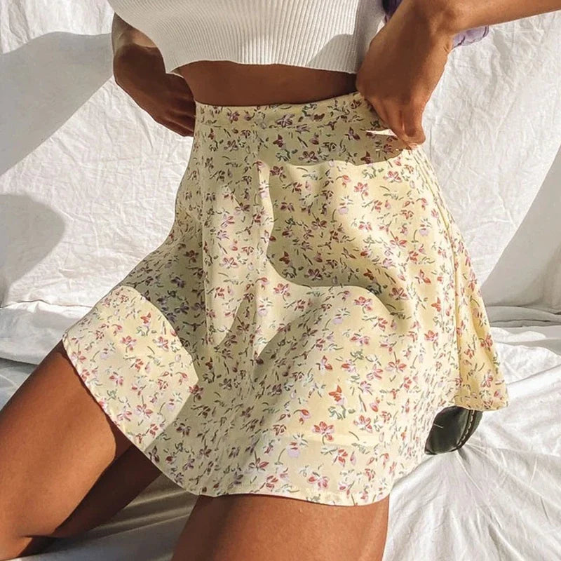 Summer new women' floral print skirt high waist umbrella mini skirt Female invisible zipper chiffon print short skirt women 2022