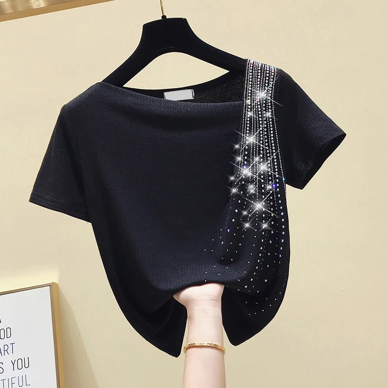 Solid Short Sleeve Tee Tops Casual Women Clothing Spring Summer New Irregular Diamonds Tops Black Blouse Femme Blusas 10016