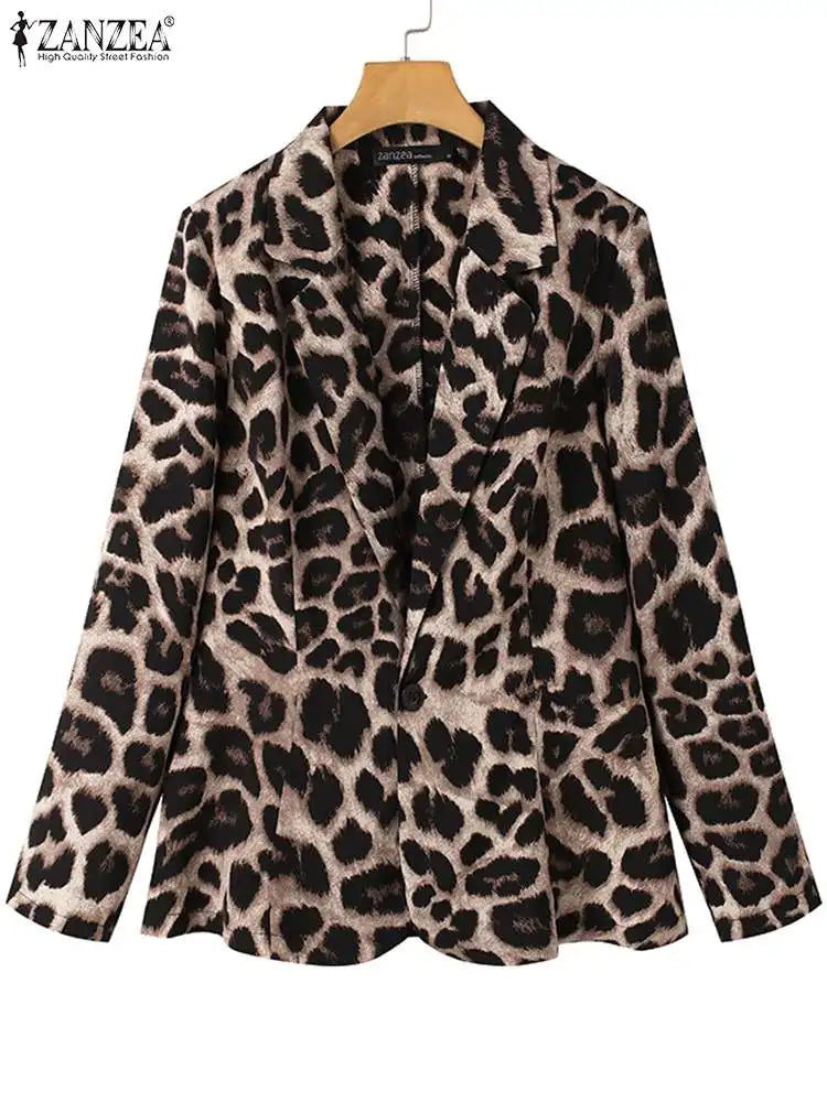 ZANZEA Oversized Button Up Outwears Women OL Blazer Fashion Ladies Office Suits 2023 Spring Summer Female Leopard Lapel Coats