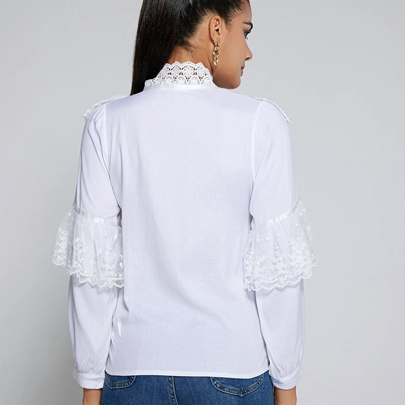 Elegant Ruffled Lace Blouse Women Stand Collar Embroidery White Shirt Woman Long Sleeve Vintage Blouses Lady Tops Blusas 11335