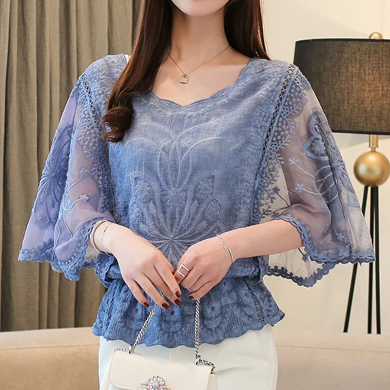 Summer Sweet New Tops Elegant Loose Lace White Blouse for Women Casual and Chic Solid Hollow Out Half Sleeve Ladies Shirts 4073