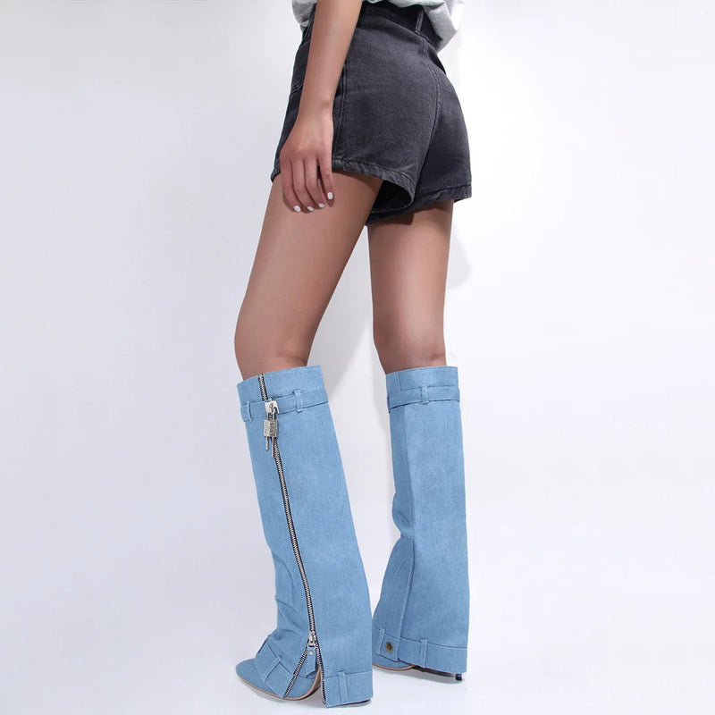 2024 New Shark Lock Pants long Cowgirls Cowboy Boots Fold Knee High Heel Boots Mujer Oversize Denim stilettos Shoes for Women