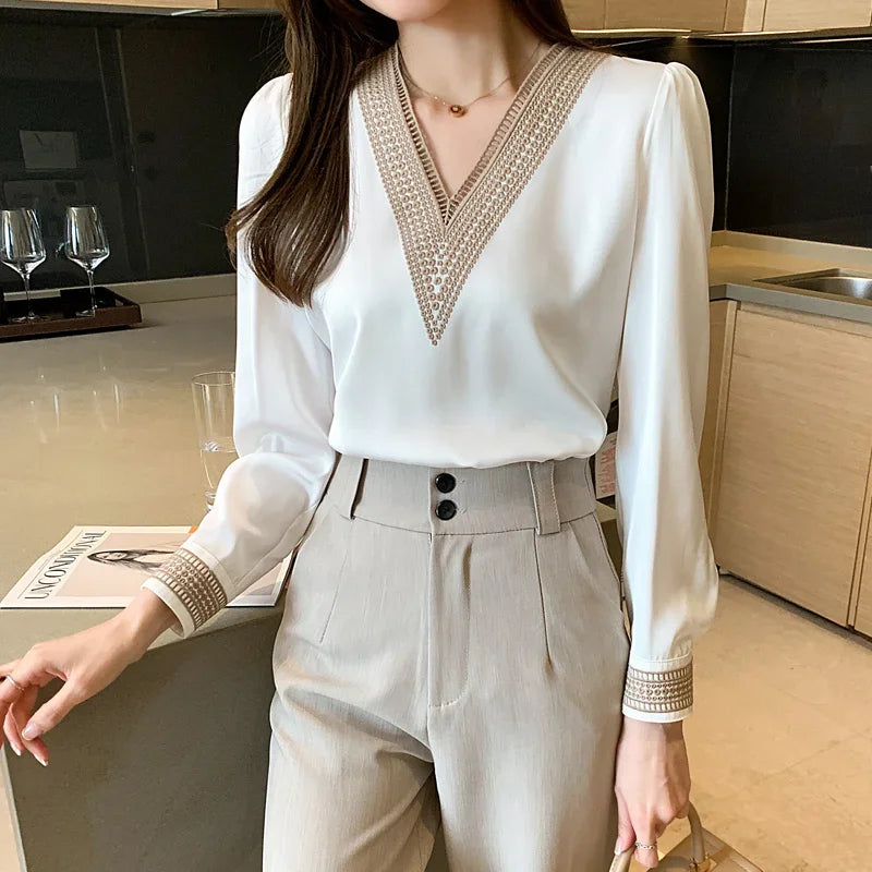 New Fashion White V Neck Chiffon Women Shirts Casual Loose Long Sleeve Women Blouses Tops LooseFemale Clothing Blusas 13366