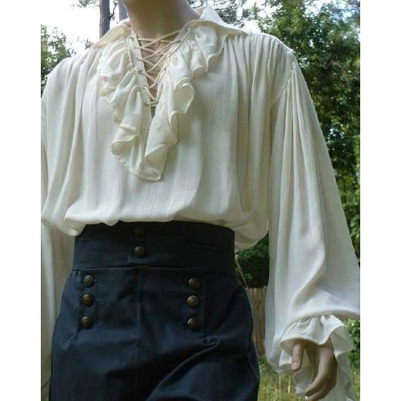 Mens Renaissance Costume Ruffled Long Sleeve Lace Up Medieval Steampunk Pirate Shirt Cosplay Prince Drama Stage Costume Tops