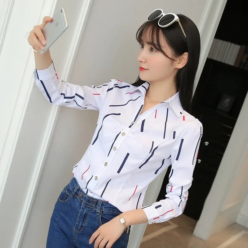 JFUNCY Women Tops and Blouses 2023 Stripe Print Elegant Long Sleeve Office Lady Work Wear Shirts Female Slim Blusas