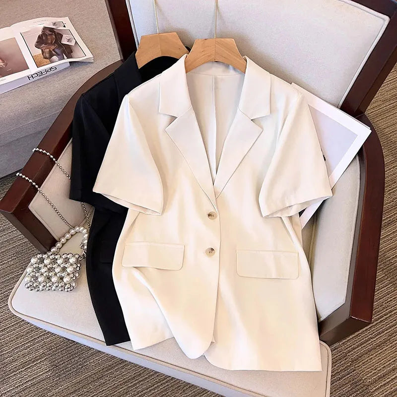 Xpqbb Summer Short Sleeve Blazer Jacket Women Korean Fashion Single-breasted Office Lady Suit Coat Elegant Loose Thin Outwear