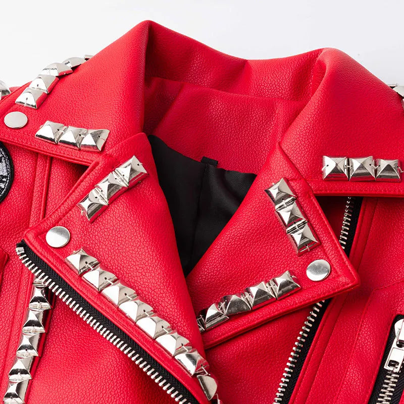 Women's Punk Rivet Leather Jacket, Short Fit, Zipper, Motorcycle Fashion, Rock, Quality, New, 2024