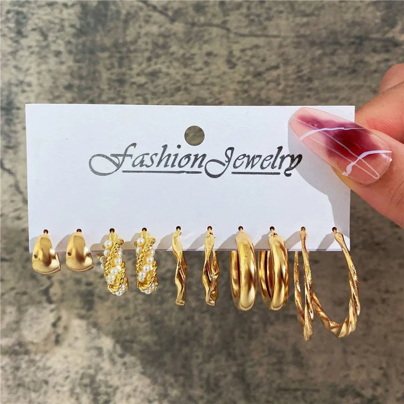 Boho Big Circle Hoop Earring Set for Women, Gold Color Bohemia Vintage Pearl Earring, Heart Zircon Ear Studs Jewelry Gifts