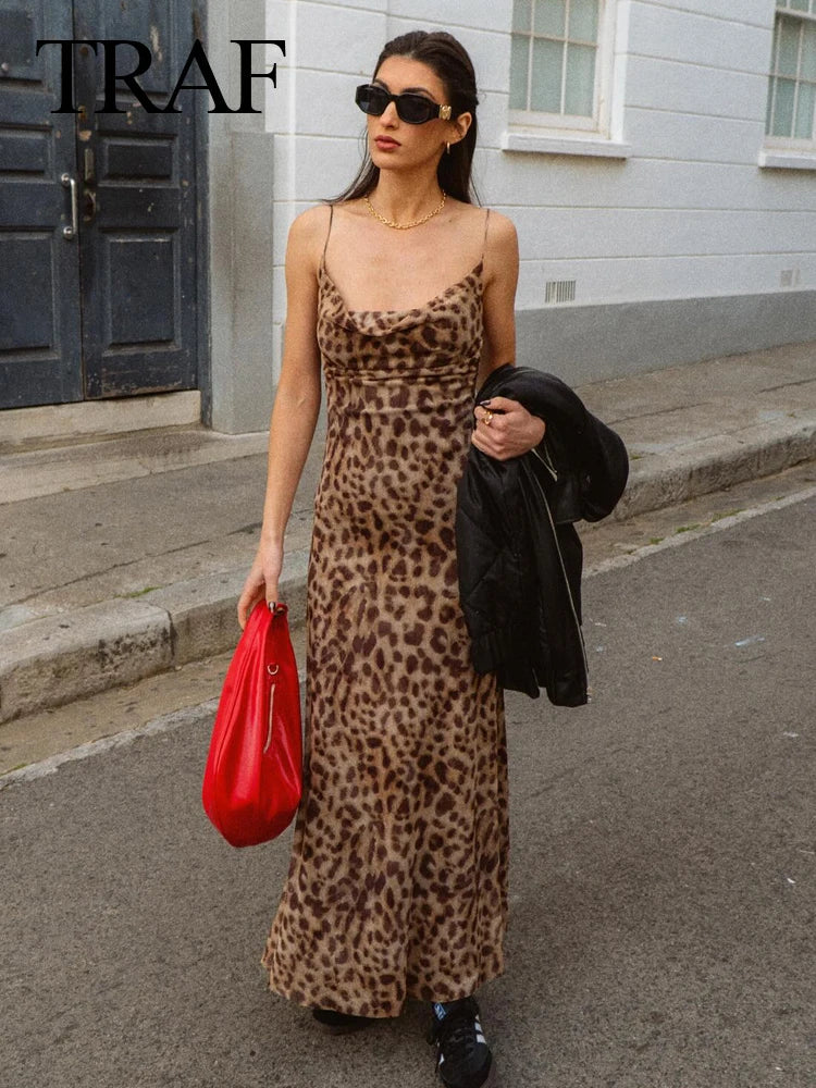 TRAF 2024 Women Summer Vintage Leopard Print Dress Sleeveless Backless Suspender Female Slim Casual Beach Party Long Dress