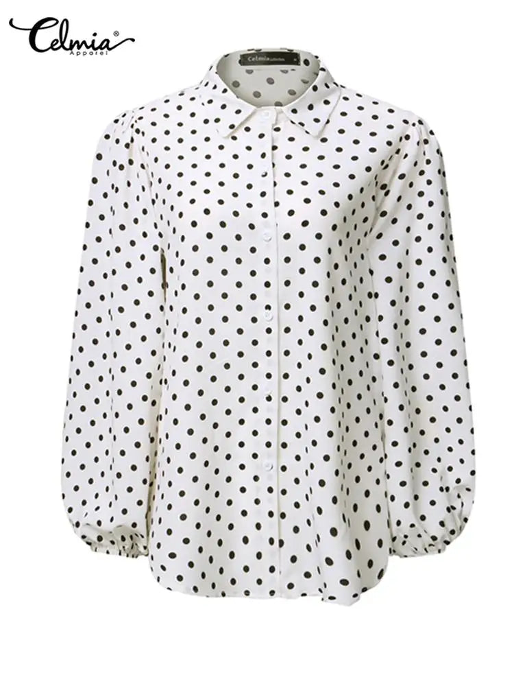 Celmia Fashion Tunics Women White Shirts 2023 Summer Polka Dot Elegant Blouses Button Loose Long Lantern Sleeve Lapel Party Tops