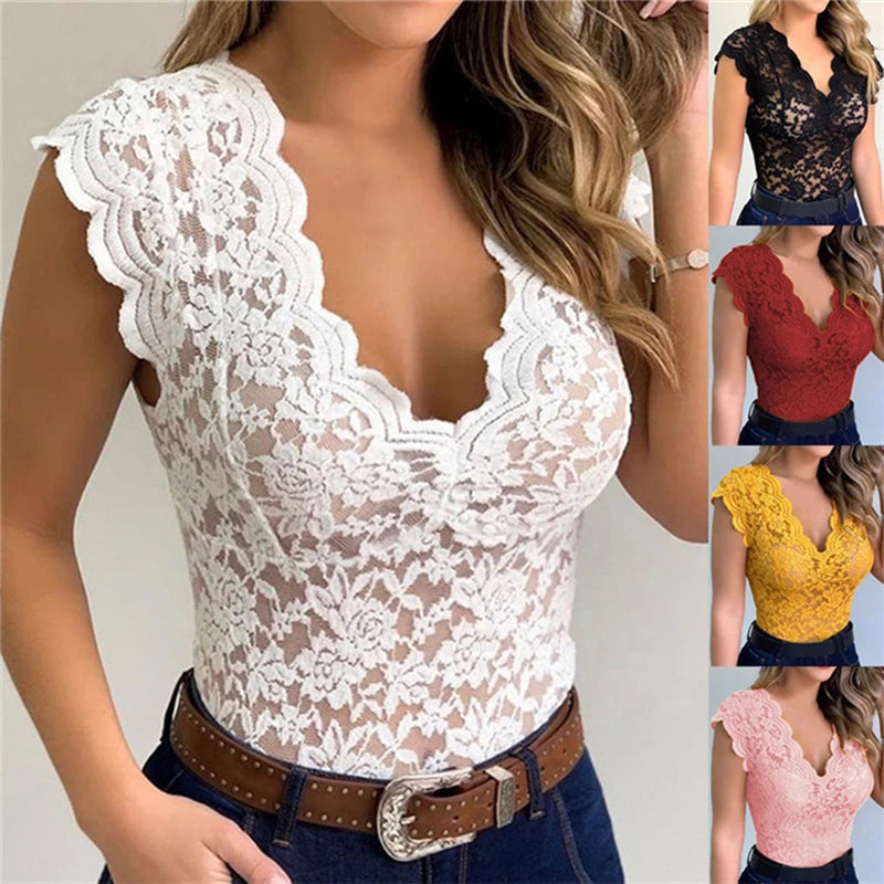 Summer Sexy V Neck Lace Vest Top Women Solid Sleeveless Tank Tops Female Elegant Floral Hollow Out Bodycon Clubwear T Shirt