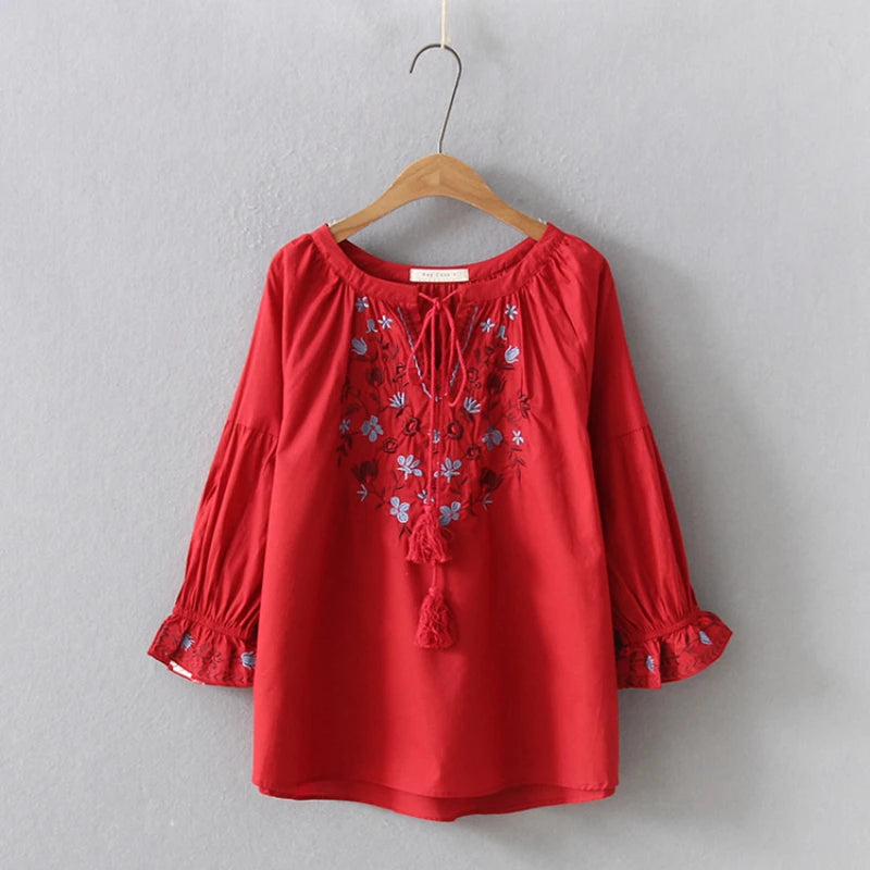 Bohemian Blouse 2021 Women Pullover Female Spring Autumn Spain Style Boho Ethnic Flare Sleeve Embroidery Shirt Blusa Tops