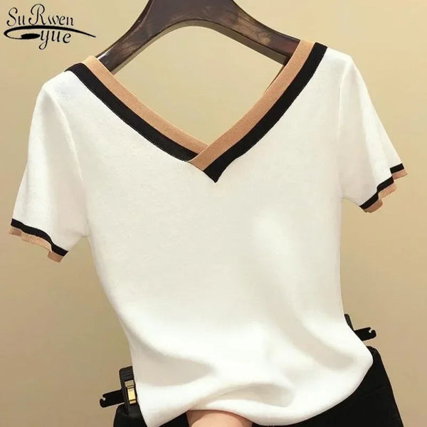 V-Neck Short Sleeve Shirt Women Contrast Color Striped Knitted 2024 Summer Tops Shirt Korean Clothes Femme Camisetas Mujer 13362