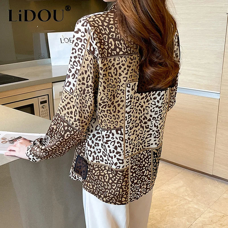 2022 Spring New Leopard Patchwork Print Satin Shirt Women Korean Style Polo Neck Long Sleeved Blouses Elegant Fashion Casual Top