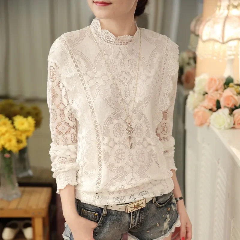 New Arrival 2023 Autumn Women Blouses Long Sleeve Fashion Casual Chiffon Shirts Stand Floral Lace Blouses Casaul Tops 07F 25