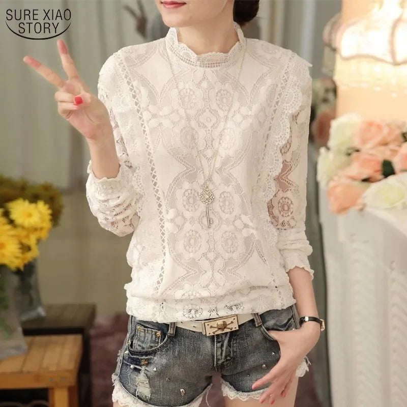 New Arrival 2023 Autumn Women Blouses Long Sleeve Fashion Casual Chiffon Shirts Stand Floral Lace Blouses Casaul Tops 07F 25