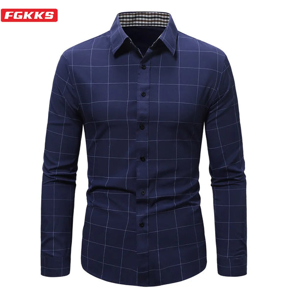 FGKKS 2023 New Brand Men's Plaid Shirts Cotton Dress Shirts Male Long Sleeve Slim Fit Business Casual Floral Man Shirt