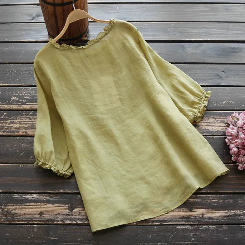 Embroidery Blouse Women Loose Summer Tops Short Sleeve Solid Color O Neck Bottoming Cotton Tees Ladies Clothes