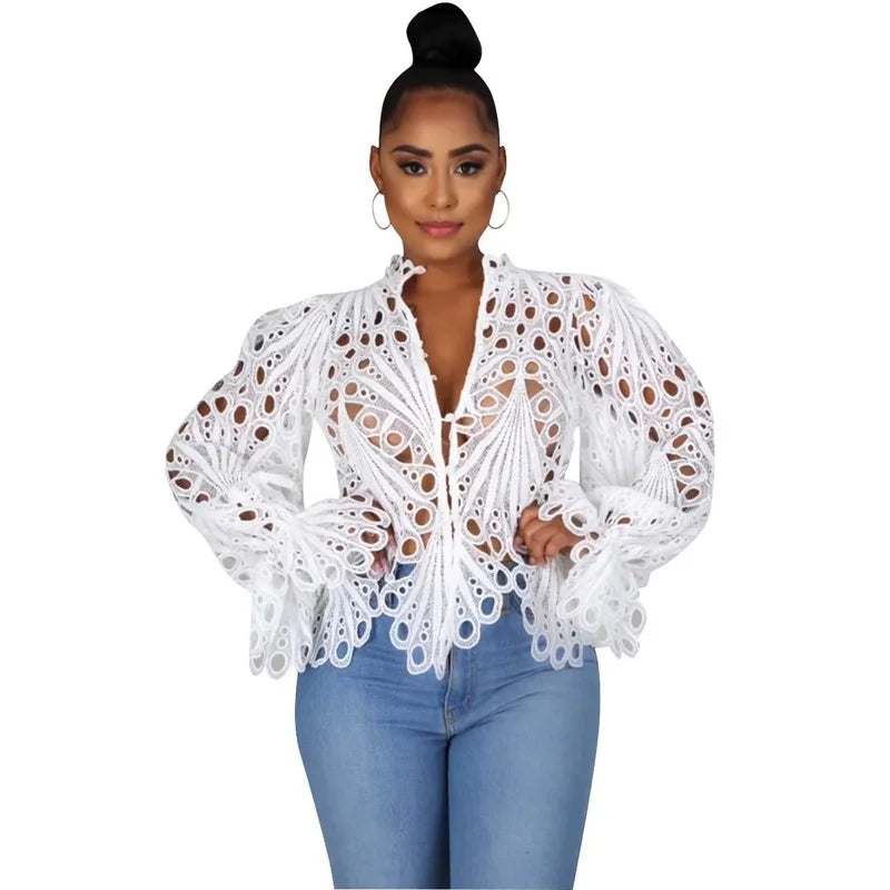 Casual Lantern Long Sleeve Stand Collar Shirts Sexy Lace Hollow Out Short Blouse Female Elegant Red/Pink/White Loose Tops 18939