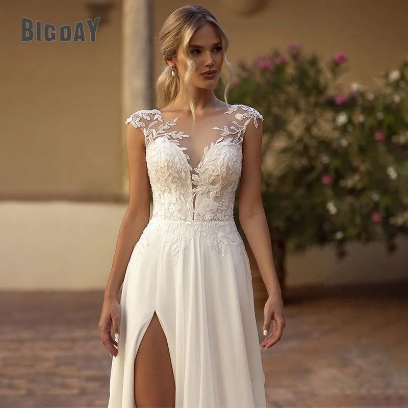 Elegant Boho Lace Wedding Dress 2024 Chiffon O-Neck Illusion Back Beach Side Split Applique Bridal Party Gown Vestidos De Novia