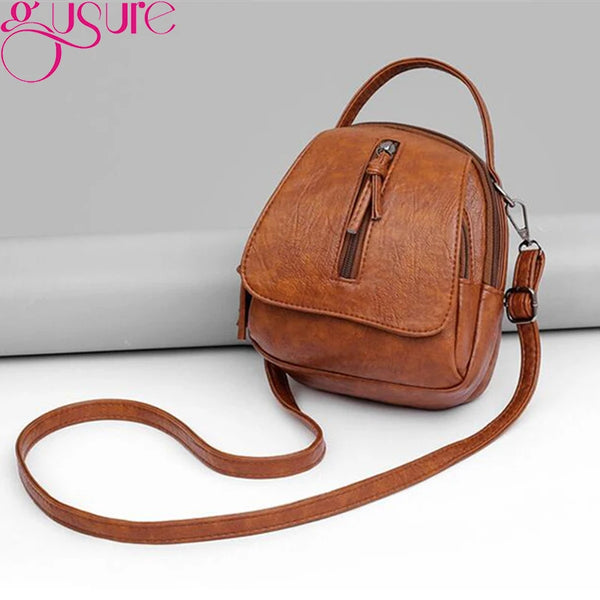 Gusure Vintage Soft Leather Shoulder Bags for Women Multi-compartment Female Handbags Small Crossbody Tote Zipper Bags