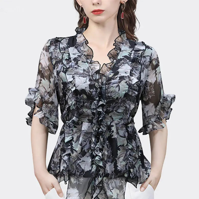 Y2K Elegant Vintage Women Chic Chiffon Shirts Summer New Office Lady Fashion Short Sleeve Casual Ruffles V-neck Pullover Bloouse