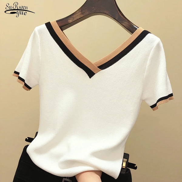 Contrast Color Striped Knitted Blouse Summer Top Shirt Woman Clothes V-Neck Short Sleeve Shirt Women Femme Camisetas Mujer 13362