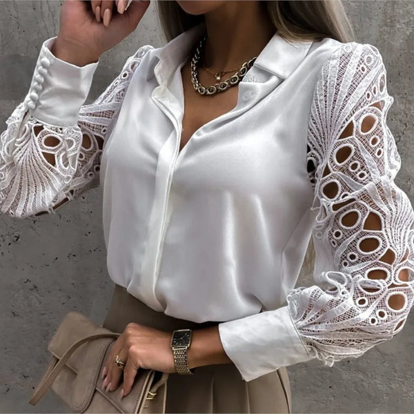 White Sexy Lace Hollow Out Women Blouse 2023 Autumn Black Vintage Button Up Shirts Top Long Sleeve Mesh Design Femme Elegant Top
