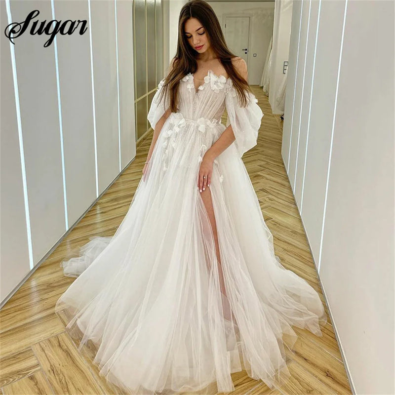 Wedding Dresses Fairy Sweetheart Neck Boho Bride Dresses 3D Flowers Puff Sleeve Elegant Wedding Gowns suknia ślubna Bridal Gown