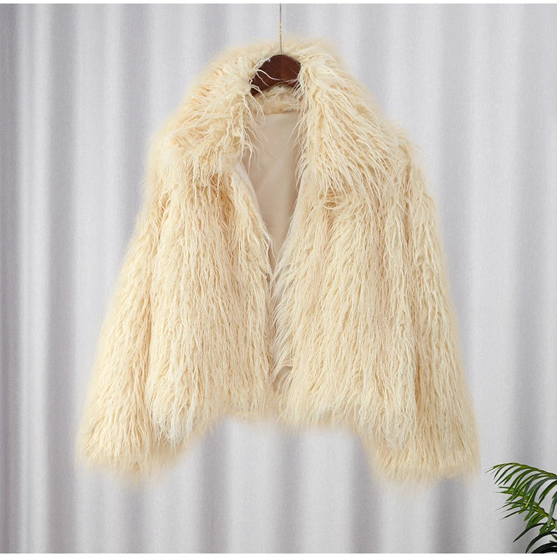 Elegant Solid Color Thick Faux Fur Coats Women Round Neck Long Sleeve Short Warm Jacket 2024 Winter Lady New High Street Outwear