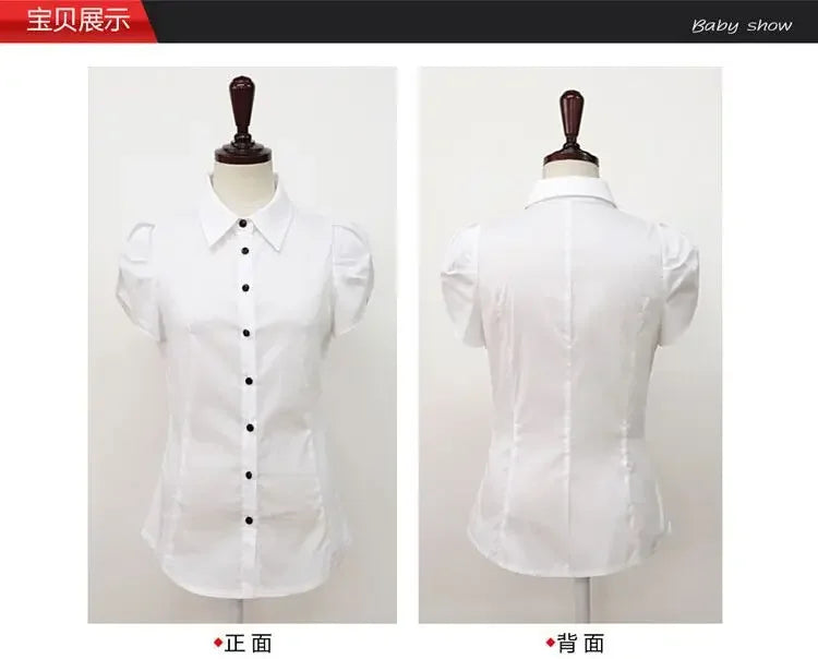 New Lapel Women's Short Sleeve Professional Blouse Elegant Office Shirts Summer Cotton White Shirt Work Clothes Korean Slim Top