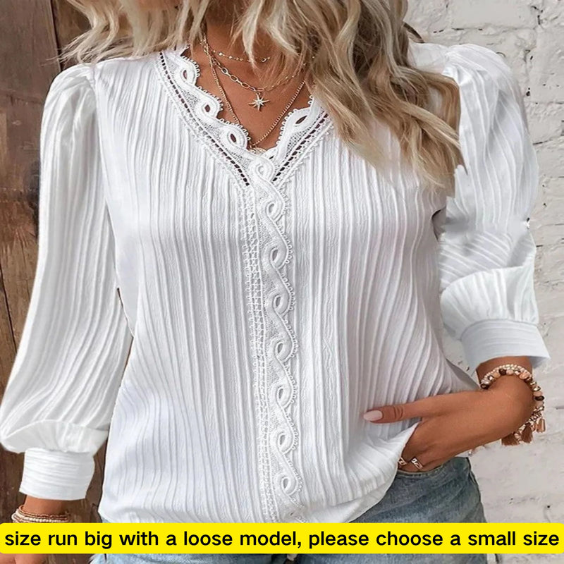 Woman Lace Stitching V-Neck Simple Black Chiffon Shirt Autumn Lantern Long Sleeve Pullover Top Fashion Lady Elegant Street Blous