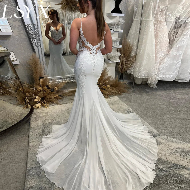 LSYX Deep V-Neck Sleeveless Chiffon Mermaid Wedding Dress 2024 Simple Spaghetti Strap Court Train Cut Out Back Bridal Gown