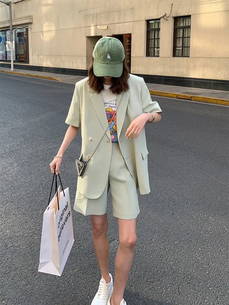 Clothing White 2024 Sleeve Summer Korean Style Blazer and Shorts Suit for Woman Kit Women's Short Pants Sets Complete Two Pieces