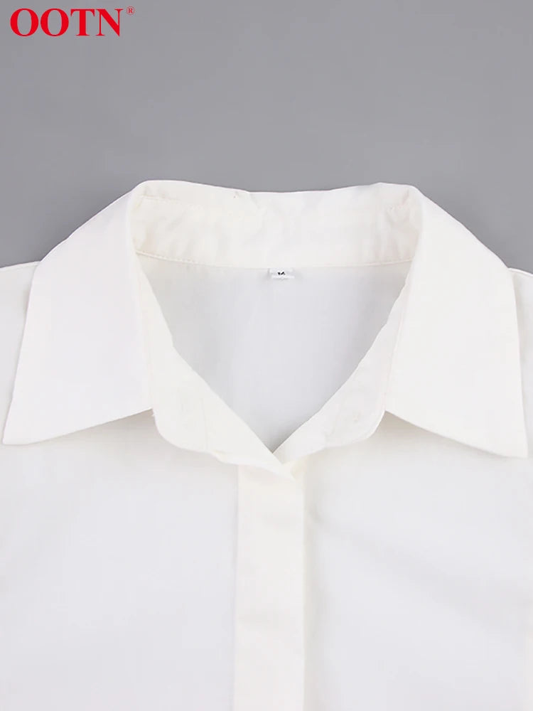 OOTN Elegant Blouses Women Cotton Shoulder Pads Lapel White Shirt Female Office Buttons All-Match Spring 2023 Wild Blusas Funky