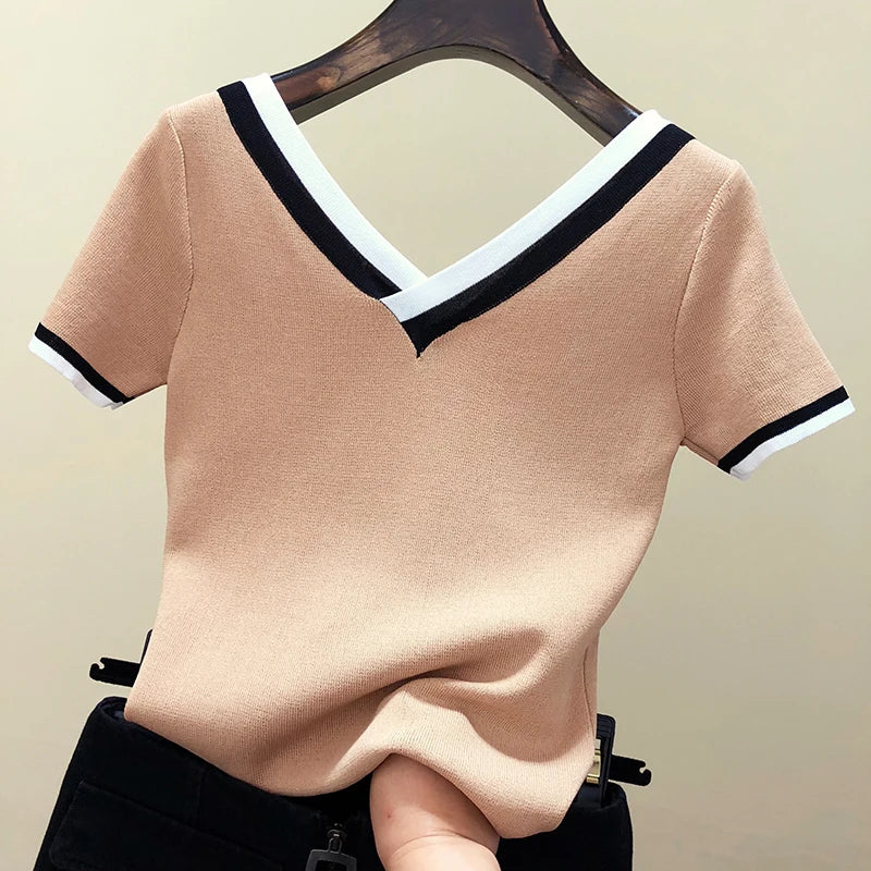 Contrast Color Striped Knitted Blouse Summer Top Shirt Woman Clothes V-Neck Short Sleeve Shirt Women Femme Camisetas Mujer 13362